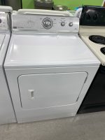 White Maytag Centennial clothes dryer with a front door and recessed handle, and a metal dial-style control panel on top.