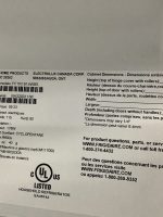 Product information label on an appliance showing model numbers, dimensions, electrical specs and certifications (Frigidaire/ Electrolux).