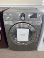 img_5296-4 - Discount Appliances Samsung front-loading washing machine with a sale sign reading 'Sale Price $195.00' taped to the door Panel shows control display and cycle buttons