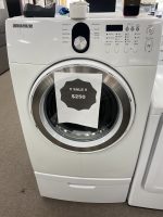 White Samsung front-loading washing machine in a store with a paper sale sign reading '!! SALE !! $250' taped to the door window area, and control panel on the top right.