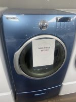 Blue Samsung front-loading washing machine with a sale price tag reading $275.00 on the door.
