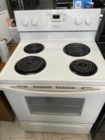 010e9432-f334-4aac-9235-8f681b1dcb43-34024-00000c7ea56dcaeb_file - Discount Appliances White Whirlpool electric range with four coil burners and a central digital clock in a showroom.