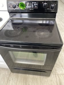 Electric range with a glass-ceramic cooktop; a green decorative scrubber sits on the control panel above the oven door.