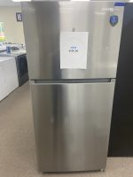 Stainless steel refrigerator on display with a white sign reading 'NEW $550.00' taped to its front; blue 'Midea' badge in the upper right corner.